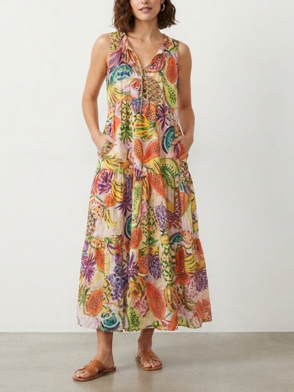 ✨True Destinations Tropical Fruit Print Tiered Maxi Dress Vacation Boho Size L❤️